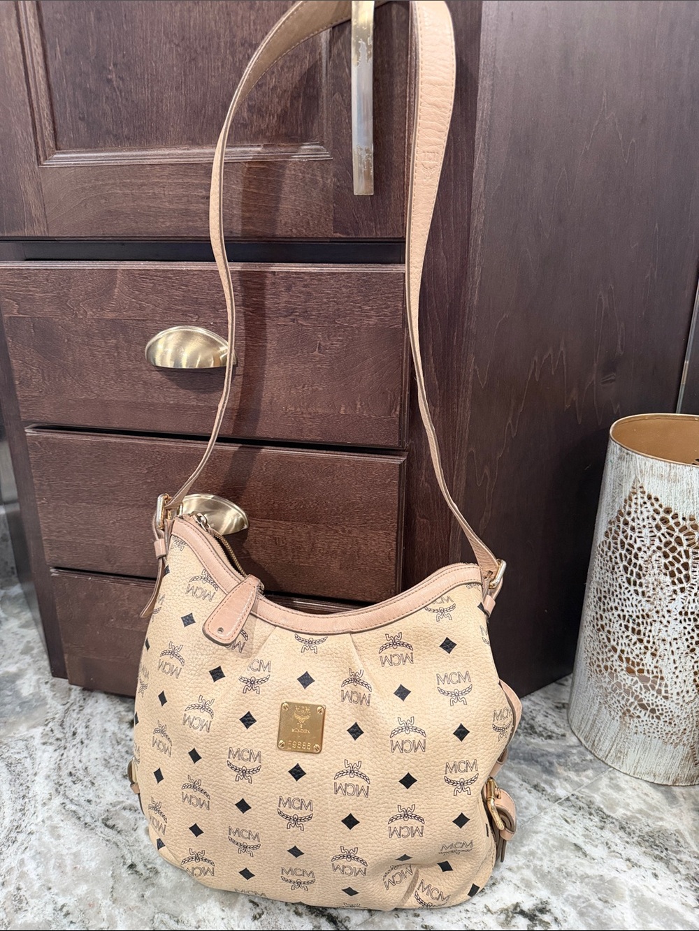 MCM Beige Logo Leather Shoulder/Crossbody Hobo Bag with Gold Plaque and Lock